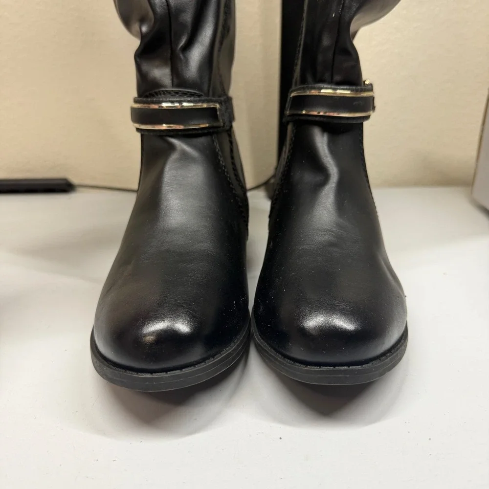 Call It Spring Black Faux Leather Knee High Boots Women's Size‎ 8.5 Gold Buckle